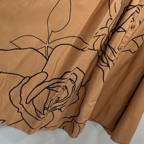 Anthropologie Printed Poplin Shirtdress 18 Tan Floral Line Art Midi Dress - Picture 8 of 9